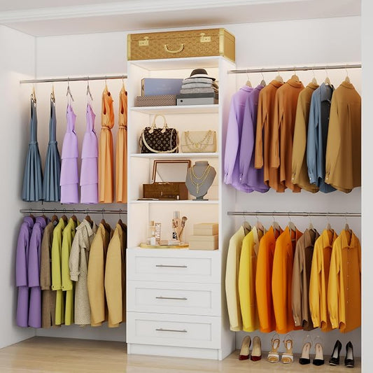 Closet System, 5FT-9FT Closet Organizer System with 4 Expandable Hanging Rods and Moveable Shelves, 115" Walk in Closet System with 3 Wooden Drawers, Custom Built in Closet, Wall Mount