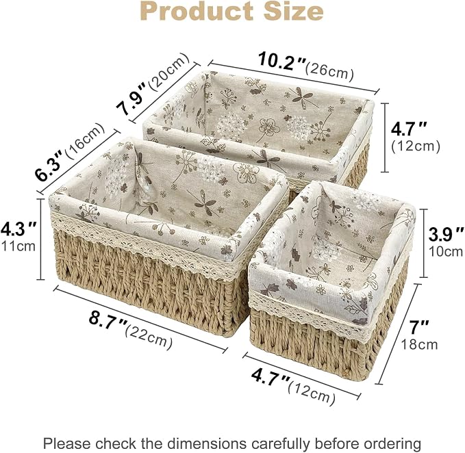 Wicker Storage Baskets Set of 3, Handwoven Paper Rope Organizer Bins with Removable Floral Liner, Small Medium Large for Bathroom, Pantry, Shelf, Countertop, Closet (Beige, L+M+S)