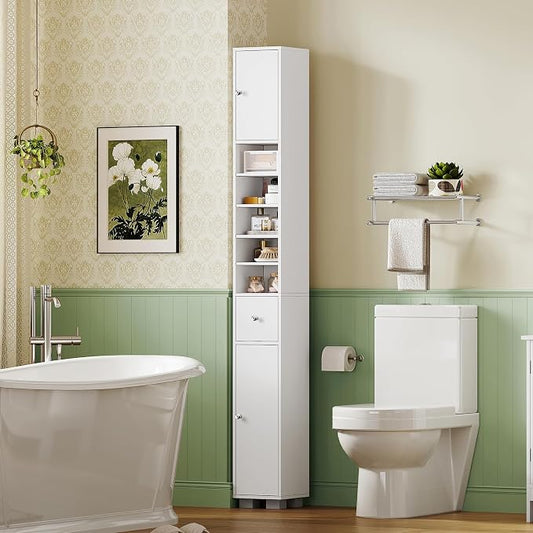 Bathroom Cabinet, Narrow Bathroom Storage Cabinet with 5 Adjustable Shelves & Drawer, Freestanding Cupboard for Small Spaces, White