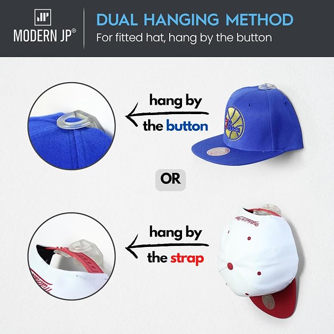 Adhesive Hat Hooks for Wall (8-Pack) - Hat Rack for Baseball Caps, Minimalist Hat Display, Strong Hold Hat Hangers for Wall - USA Patented, Clear