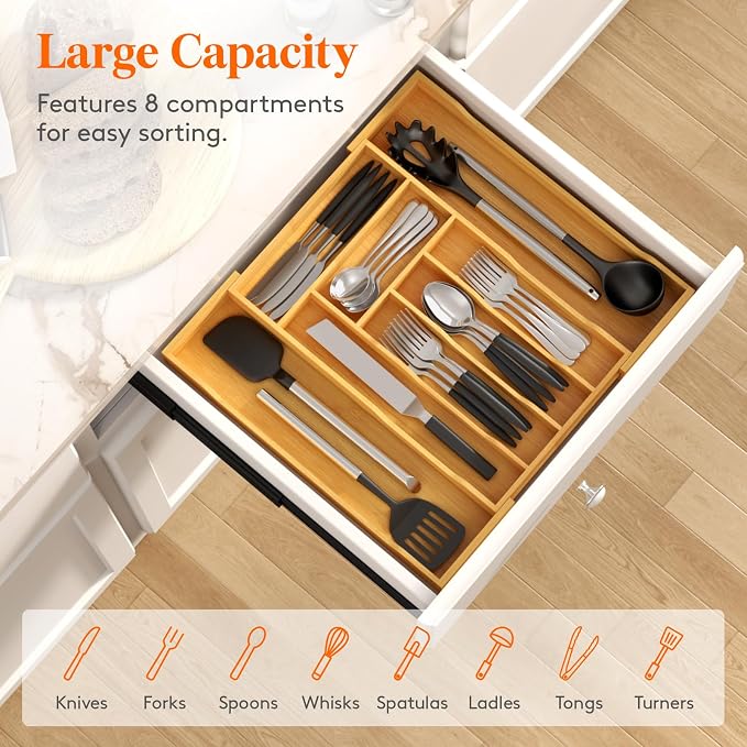 Lifewit Silverware Drawer Organizer, Wooden Utensil Tray for Kitchen | Expandable Flatware and Cutlery Holder, Adjustable Storage for Spoons Forks Knives, 10.2-18.1 x 16.7", Natural