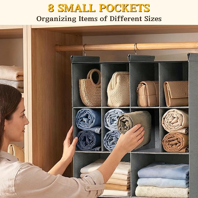 3 Tier Hanging Closet Organizer, 10 Compartments Dual Row Storage, Grey | Closet Organizers and Storage with Large & Small Pockets, 3 Sturdy Hooks Support Heavy Loads, for Dorm, RV, Garment Rack