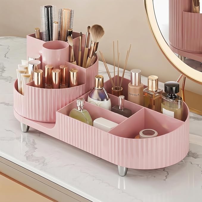 Booklov Rotating Makeup Organizer for Vanity Countertop, Pink | Plastic Cosmetic Display Case, Large Beauty Brush Holder for Bathroom Counter, Skin Care Perfumes Storage