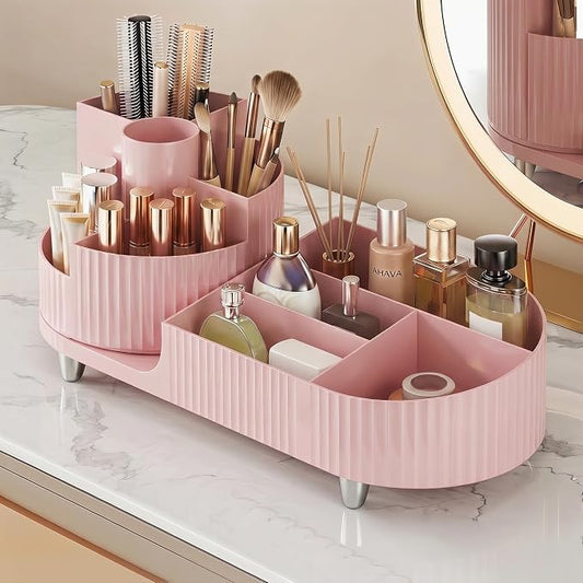 Booklov Rotating Makeup Organizer for Vanity Countertop, Pink | Plastic Cosmetic Display Case, Large Beauty Brush Holder for Bathroom Counter, Skin Care Perfumes Storage