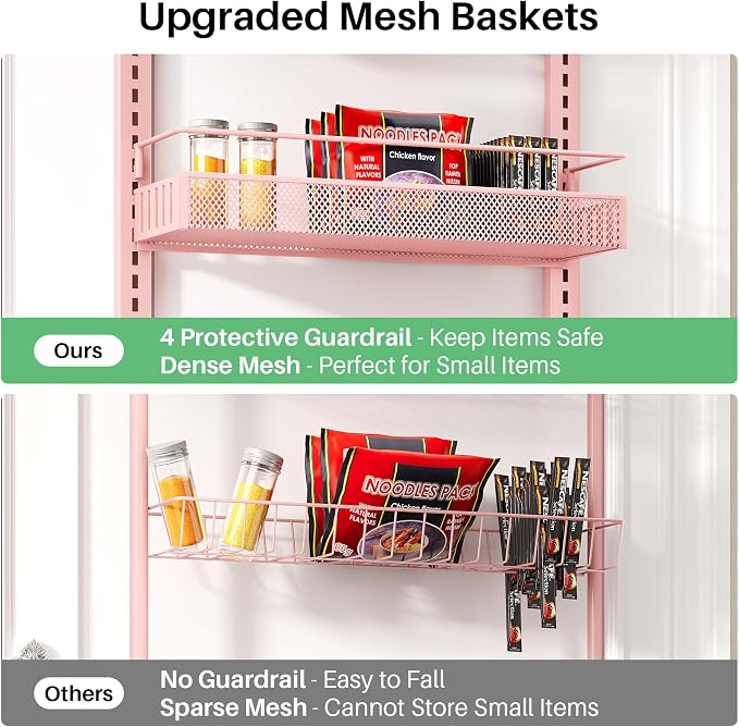 SNTD 8 Tiers Over the Door Organizer - Height Adjustable Pantry Organizers and Storage with Dense Mesh Baskets, Anti-Swing Hanging Door Spice Rack for Kitchen Bathroom (Pink, 17" W x 6" D x 69" H)