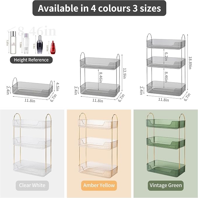 YCIA&DONE Bathroom Organizer Countertop, Makeup Storage, Skincare Cosmetic Tray Shelf, Perfume Holder Rack for Vanity Counter, Large Capacity, Easy to Install, Clean, 3 Tiers, Smoky Gray
