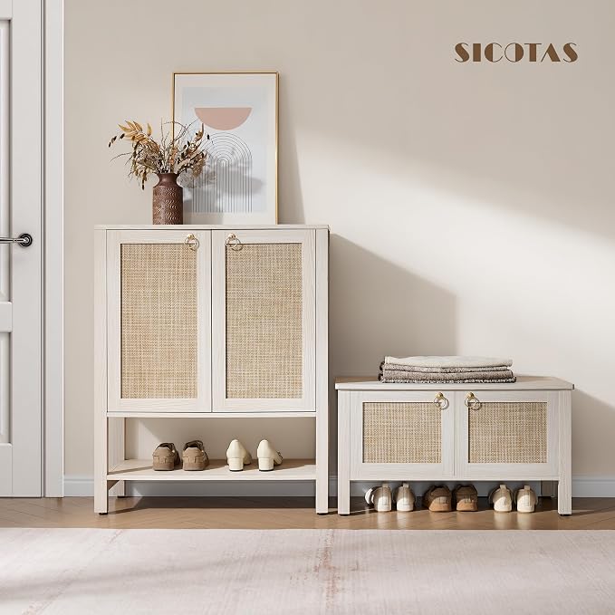 SICOTAS Rattan Shoe Cabinet with Storage, 5 Tier, 3 Pieces | Farmhouse Shoe Organizer with Doors & Shelves, Free Standing Shoe Rack Cabinet for Entryway, Living Room (White Cream Oak)