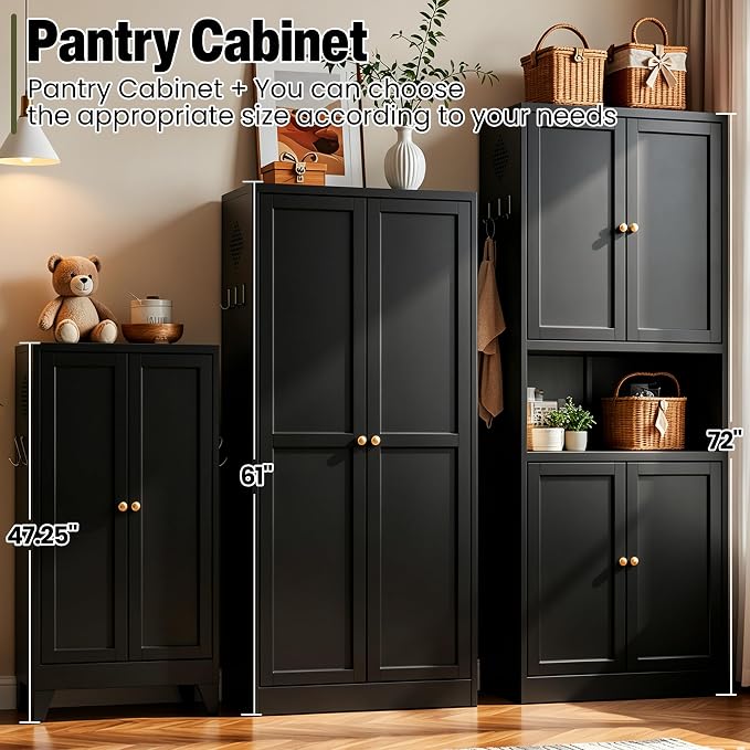 AQY Kitchen Pantry Cabinet,72" Black Pantry Cabinet 3-Tier Adjustable Shelves 4 Doors, Freestanding Cupboard with Microwave Stand, Metal Cabinet with Handle for Living Room Kitchen Assembly Required