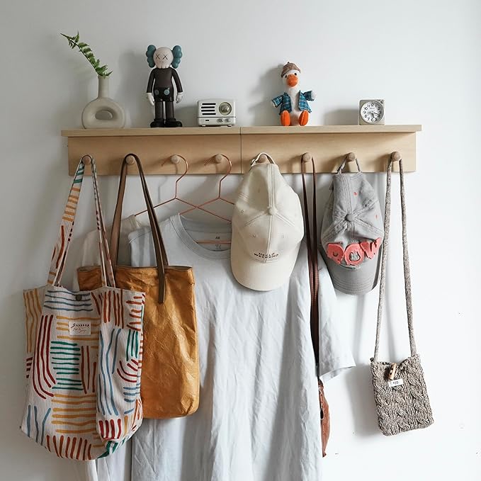 Entrance Coat Rack ，Coat Hooks, Wall-Mounted Wooden Hook Rack, Wall-Mounted Shelves are Very Suitable (Birch Color Finish—A-2)