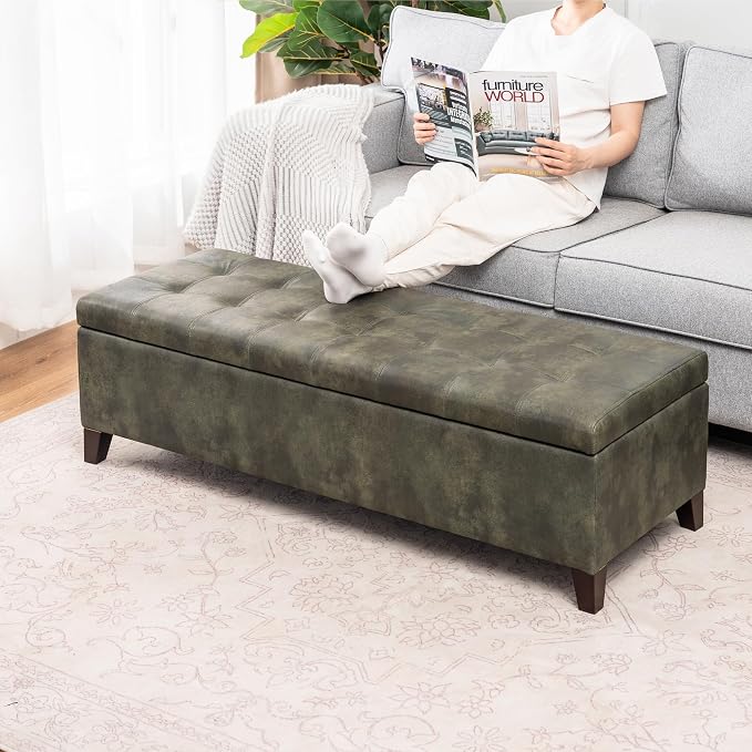Ottoman with Storage, 51 Inch End of Bed Storage Ottoman Bench, Faux Leather Upholstered Ottomans with Hinged Lid, Rectangle Long Foot Rest Bench for Living Room Bedroom Dark Green