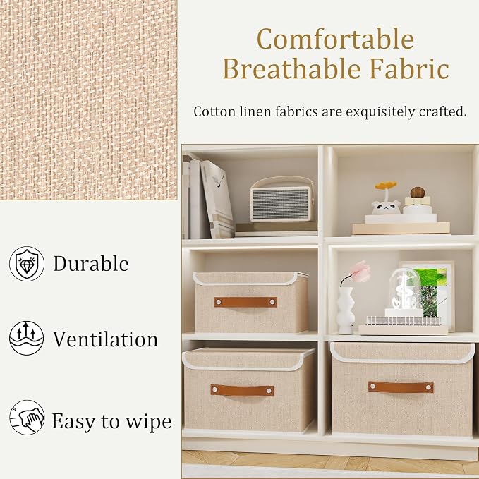 OUTBROS Fabric Storage Bins with Lids, 15 x 9.8 x 9.8 inch, Beige, 3-Pack | Collapsible Wardrobe Baskets, Storage Cubes For Towels, Clothes