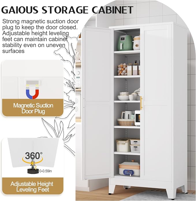 GAIOUS 75.2" Tall Metal Kitchen Pantry Storage Cabinets with 2 Door and 5 Adjustable Shelves, Cupboard for Kitchen, Dining Room, Living Room and Bathroom, White