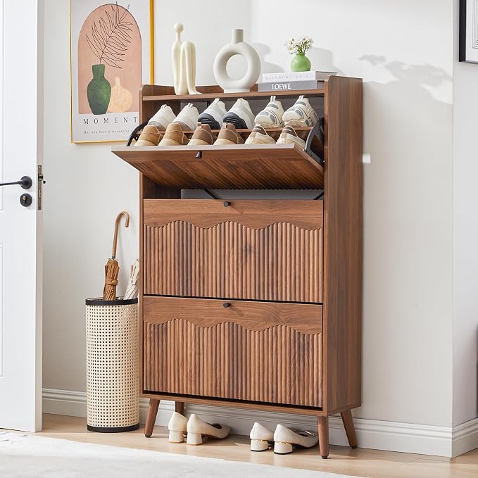 BERRYMERRY 51.2" Tall Shoe Storage Cabinet with 3 Flip Drawers for Entryway | narrow,entryway,adjustable feet,24 pairs shoe,shoe organize,hidden shoe rack,fluted panel,wave pattern,wood,space saving