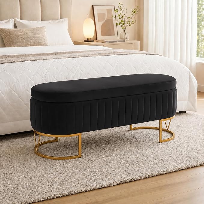 46" Storage Ottoman Bench, Velvet Oval End of Bed Bench Black | Easy 1-Min Assembly, High-Resilience Foam, Large Hidden Storage, Sturdy Gold Metal Legs