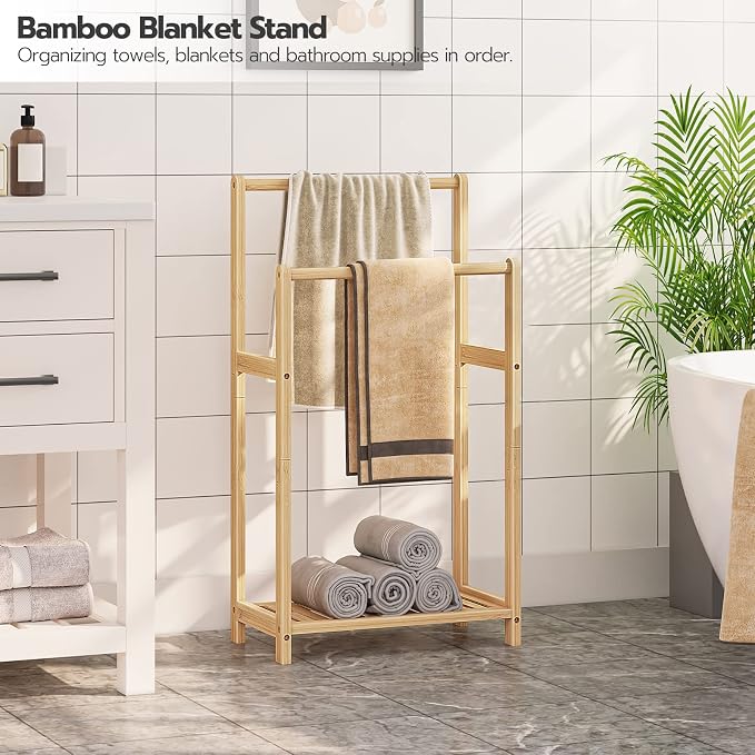 HOOBRO Freestanding Towel Rack for Bathroom, 2 Tier Decorative Bamboo Blanket Rack, Quilt Display Stand with Storage Shelf, 16.5" L x 9.4" W x 30.5" H, Bedroom, Living Room, Natural Color YL02LB01