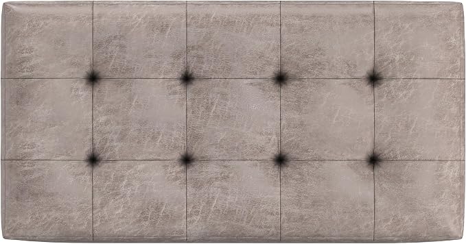 SIMPLIHOME Cosmopolitan 34" Wide Vegan Leather Storage Ottoman in Soft Blue | Distressed grey taupe, transitional storage ottoman with tufting and lift-up lid; rectangle storage bench for living room.