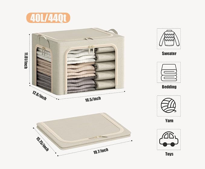 3 Openings Clothes Storage Bins with Metal Frame, Foldable Storage Bin for Clothes, Clothing Storage Bins with Lid, Linen Storage Box With Clear Window＆ Zippers＆ Durable Handles.(3 Pcs,Beige,40L)