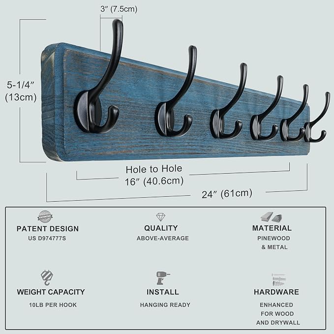Coat Rack Wall: 24" Long, Patented, Heavy-Duty, 6-Double-Hooks Wooden Wall Mounted Coat Rack Coat Hanger Hook Rail for Winter Coats Hat Jacket Clothing, Weathered Blue