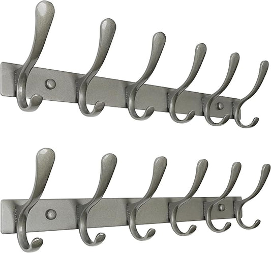 SKOLOO Coat Rack Wall Mounted - 6 Hooks, Pack of 2, Heavy Duty, Stainless Steel, Metal Wall Hanger, Sturdy Coat Hooks for Hanging Coats, Jacket, Clothes, Hat, Matte Grey