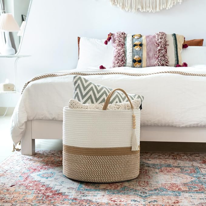 Mkono Woven Storage Basket for Blanket, Toys Plant Organizer, 16"W x 13.8"L | White and Brown, Decorative Basket with Handle, Wood Beads Tassel, Shoes Clothes Storage Bin, Living Room Bedroom Nursery