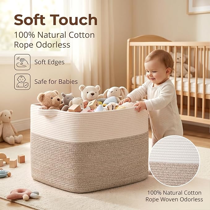 OIASKET 108L Cotton Rope Storage Basket for Living Room and Bedroom 25"x16"x16" Woven Laundry Basket, Heavy Duty Bin for Blankets, Pillows & Toys, Pet-Safe & Scratch-Free, Brown and White