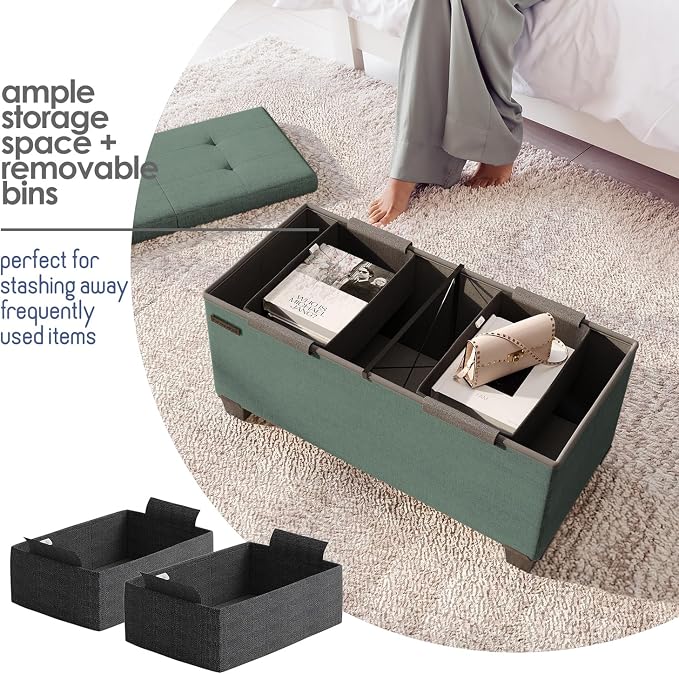 Storage Ottoman Bench with Bins, 30-in Storage Bench for Bedroom End of Bed, Folding Foot Rest Ottoman for Living Room Max 660lbs, Fabric Ottomans, Green
