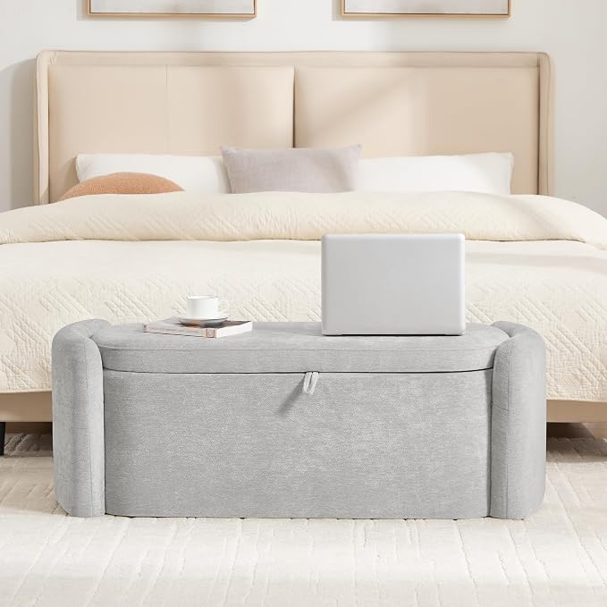 Oval Ottoman Bench with 20 Gal of Storage Space Upholstered Chenille Seat End of Bed Storage Bench Storage Ottoman with Storage for Bedroom, Living Room, Entryway, Window (Light Gray)