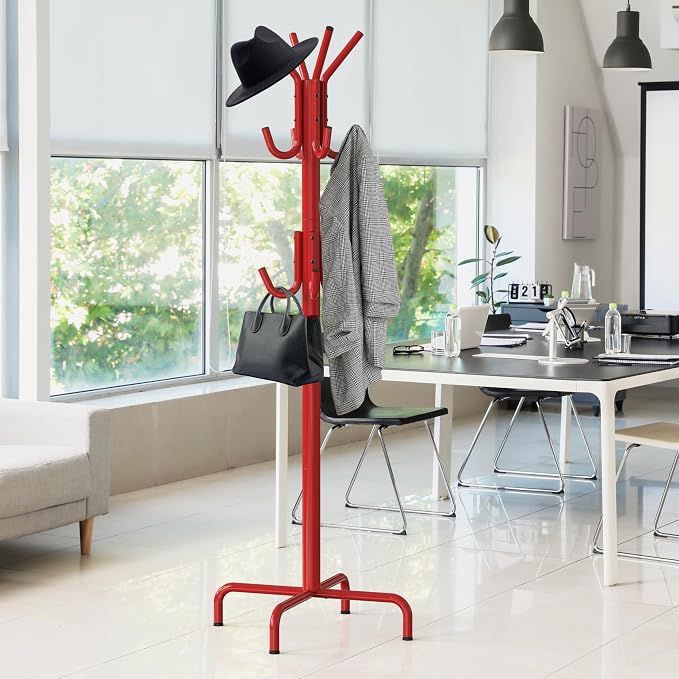 Simple Houseware Standing Coat/Hat Hanger Organizer Rack, 12 Hooks, Red | For Entryway, Bedroom, and Hallway