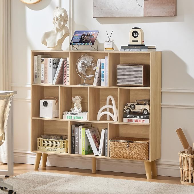 LEYAOYAO 10 Cube Bookshelf,Mid-Century Modern Bookcase with Legs,Light Wood | 3 Tier Book Shelf,Rustic Wood Bookshelves Freestanding Large Storage Organizer, Open Shelves for Bedroom, Living Room, Office