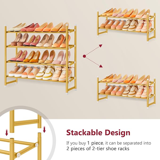 Expandable Shoe Rack for Closet 4 Tier, 28“-41“Stackable, Gold | Adjustable Shoe Organizer Closet Shoe Rack Floor, Metal Shoe Shelf Storage for Entryway, Closet, Garage, Front Door Entrance