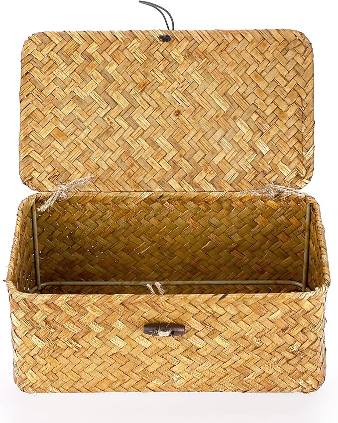Hipiwe Wicker Shelf Baskets Bin with Lid X-Small Handwoven Basket for Shelf | Natural Seagrass Storage Box, Rectangular Household Basket Boxes for Wardrobe Home Organizer, Caramel