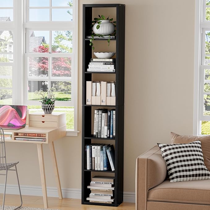 VDNEND Tall Cube Storage Organizer Bookcase, 6 Tier 11 inch Open Back Cubical Shelf with Thickened Border, Display Bookshelf for Living Room, Home Office, Sturdy Room (Black, 6 Cube,Vertical)