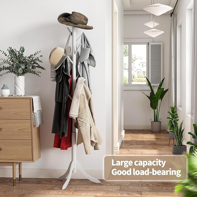 Coat Rack Freestanding, Coat Stands Entryway, Bamboo Coat Rack Hat Hanger 8 Hook for Jacket, Purse, Scarf Rack, Umbrella Tree Stand (White)