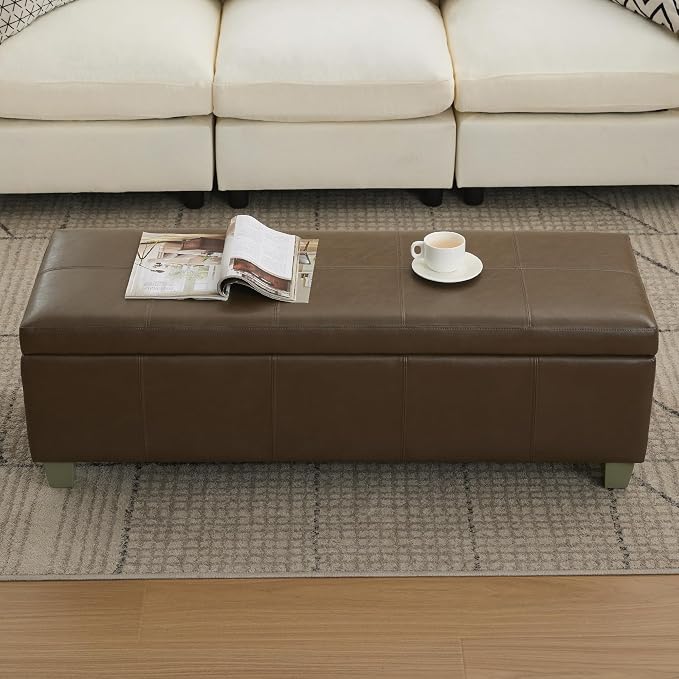 WUTUTUEE 51" Faux Leather Storage Ottoman, Stitch Tufted Rectangle Upholstered End of Bed Storage Bench, Entryway Large Couch Ottoman with Wooden Legs, Coffee