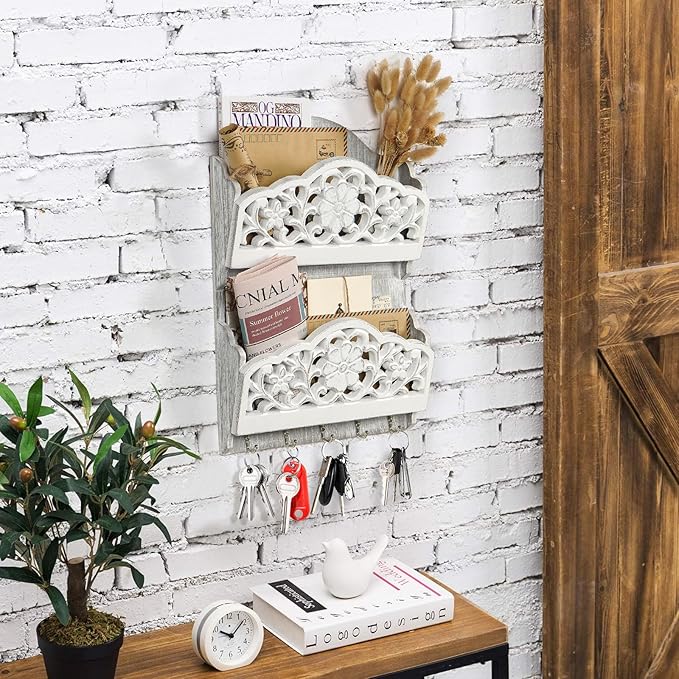 Key and Mail Holder for Wall, 2-Slot Mail Organizer Wall Mount 5 Key Hooks | Retro Hollowed-out Pattern Wooden Key Hangers Wall File Organizer Letter Sorter, Key Rack for Entryway Home Decor Extra Wide