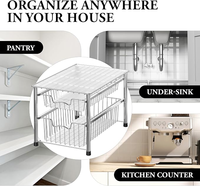 Simple Houseware Stackable 2 Tier Sliding Basket Organizer Drawer, Chrome