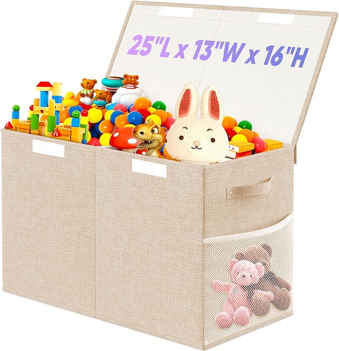 Large Toy Storage Box with Lid, Dividers, Collapsible Kids Toy Chest, Beige | Toy Box for Boys, Girls, Nursery, Bedroom, Living Room, Playroom, 25 x 13 x 16 inches