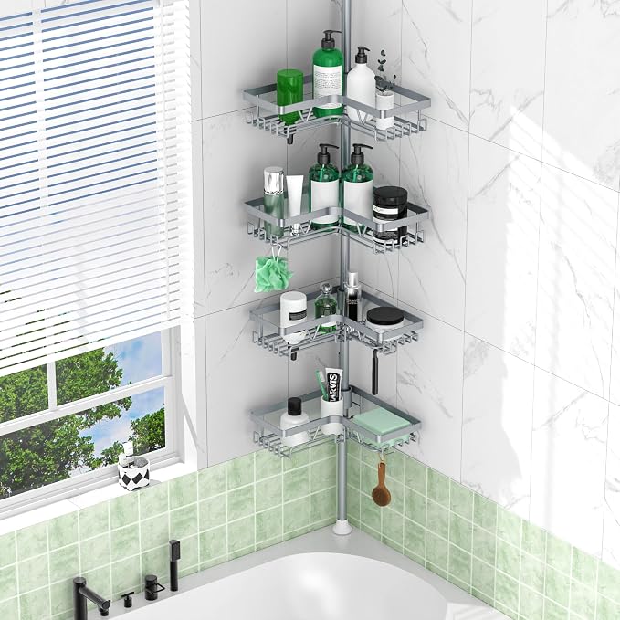 DAOYA Corner Shower Caddy Tension Pole, Light Gray | 4-Tier, Rustproof, Adjustable 25-114.2 Inch, Bathroom Organizer for Renters, Bathtub Shampoo Storage