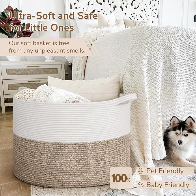 INDRESSME 115L Extra Large Woven Rope Blanket Basket Living Room LightBrown | 23.6" x 15.7" Storage baskets for toys laundry & pillows. Fits living room, bedroom or nursery décor. Soft-touch with handles
