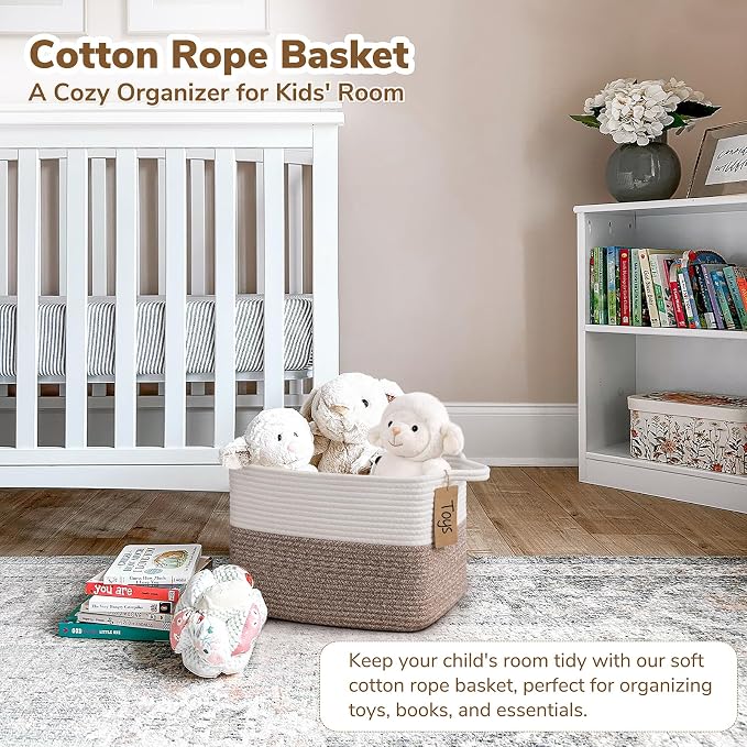 Goodpick Small Woven Storage Basket, Rectangle, Brown | 13 × 10 × 9 in, Cotton Rope, Reinforced Handles, Shelf Bedroom & Living Room Organization, Nursery Essentials & Home Decor