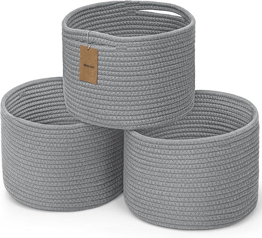 3 Pack Small Rope Storage Baskets, 9.82×9.82×7.1", Grey | Cotton Basket for Gifts Empty, Cute Round Woven Basket, Decorative Shelf Basket Organizer, Organizing Basket for Shelves