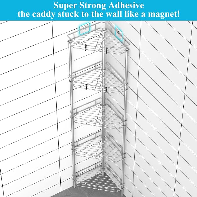 HuggieGems 5 Tier Floor Standing Corner Shower Caddy Organizer Shelf with Hooks, Bathroom Shelves Stand Rack, Gray