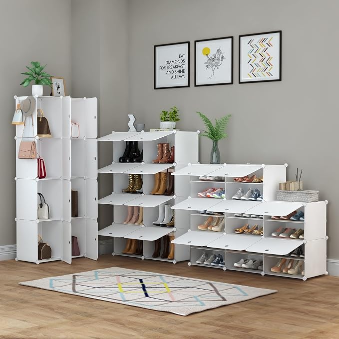 HOMIDEC Shoe Rack Organizer 32 Pair Modular Shoe Storage Cabinet for Closet | PP Plastic, Sturdy Steel Frame, Waterproof, Dustproof, Easy Clean, Shoe Shelves for Closet Garage Hallway Bedroom Entryway
