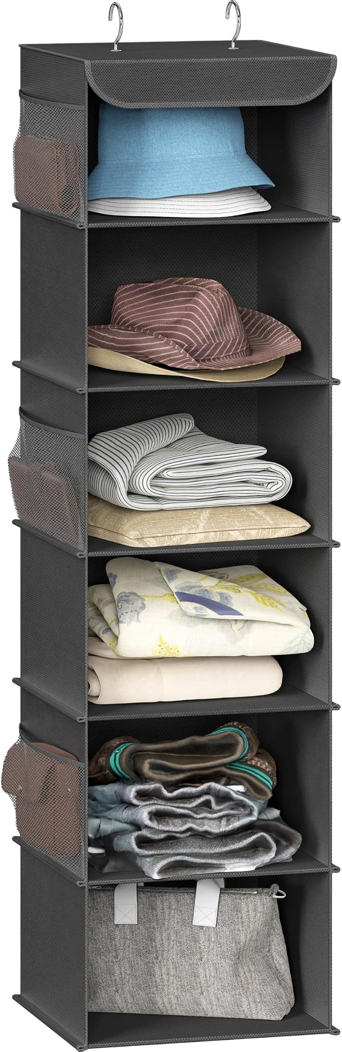 Simple Houseware 6 Shelf Hanging Closet Organizer, Dark Gray | 360° Rotating Dual Hooks, Top Support Metal Frame, 6 Side Mesh Pockets