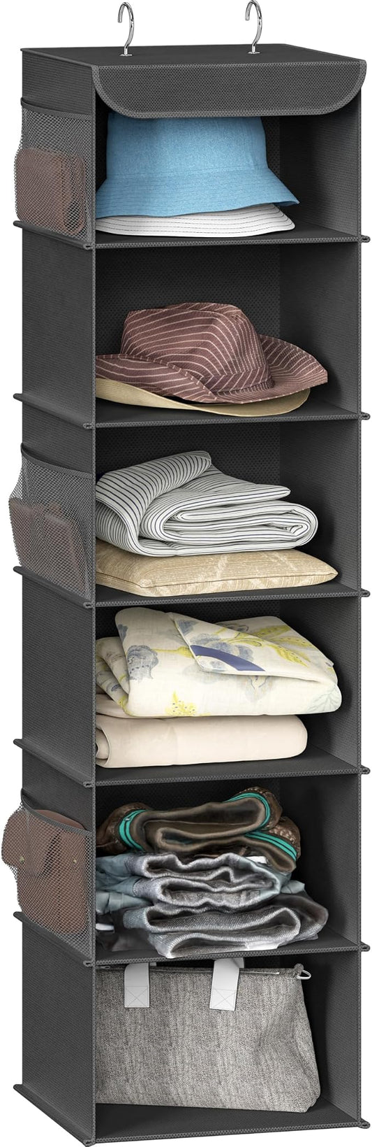 Simple Houseware 6 Shelf Hanging Closet Organizer, Dark Gray | 360° Rotating Dual Hooks, Top Support Metal Frame, 6 Side Mesh Pockets