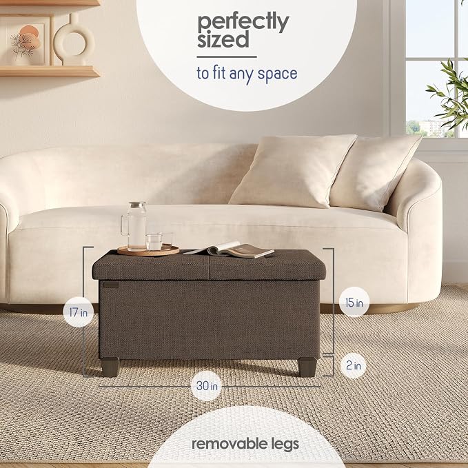 Storage Ottoman Bench with Bins, 30-in Storage Bench for Bedroom End of Bed, Folding Foot Rest Ottoman for Living Room Max 660lbs, Fabric Ottomans, Brown