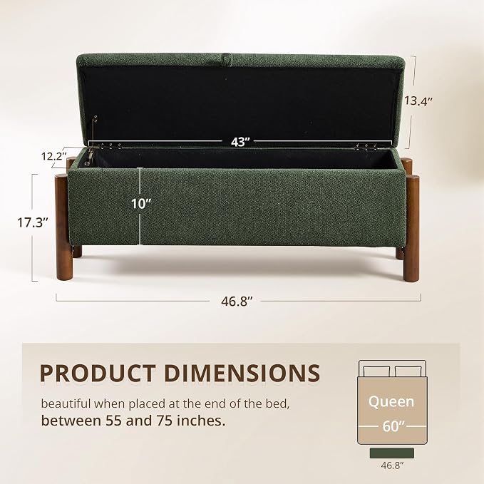 47'' Modern Storage Ottoman Benches with Walnut Wood Legs Ottoman Bench with 22 Gallons Storage Space Fabric Upholstered Seating End of Bed Bench for Bedroom for Livingroom Green