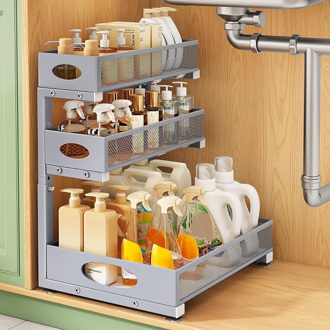 Kitstorack Under Sink Organizer 3-Tier Slide Out Drawer 1-Pack Grey | Height Adjustable, Metal Mesh Storage Rack, Pull out Cabinet Organizer Shelf for Bathroom Kitchen Pantry Home Organization