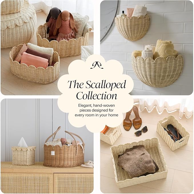 BEBE BASK Premium Scalloped Basket Set of 2 (16x10x7 In) - Storage Baskets | Handwoven Rattan, Scallop Basket, Wicker Basket With Scalloped Edge, Nursery Storage, Set of 2, Natural