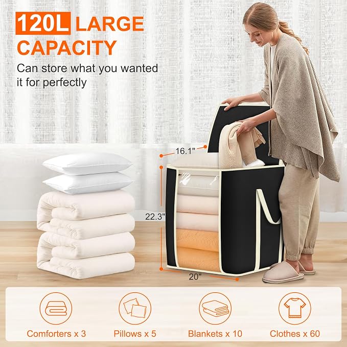 MISSLO King Comforters Storage Bag 120L for Blankets Clothes Sweaters Beddings Organizer with Reinfored Handles Non-Metal Fabric Storage Bin Organizer, Black